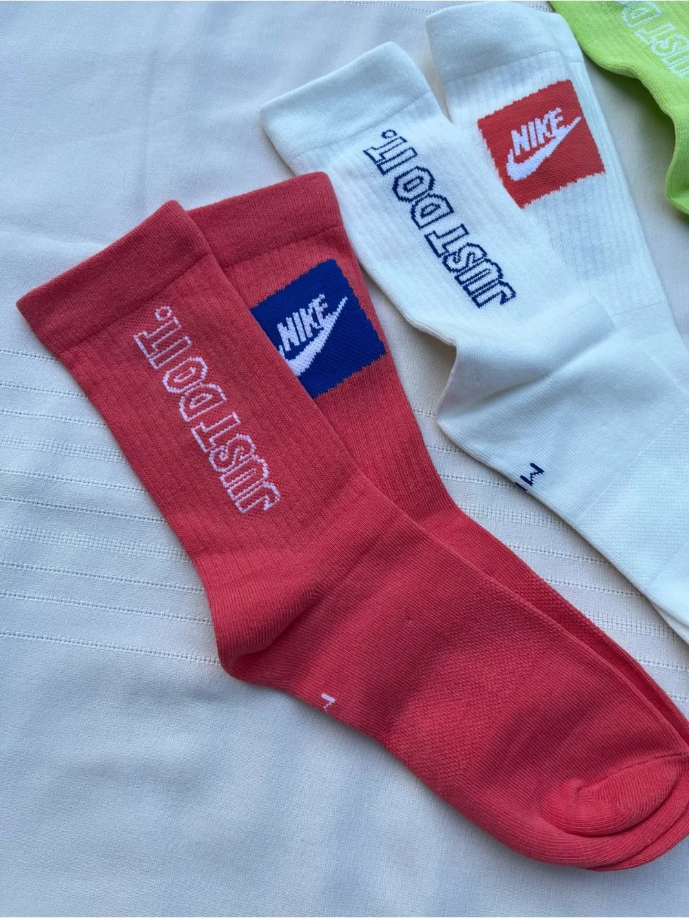 Nike Crew Socks Trio - Red, White, Lime with 'Just Do It' Branding